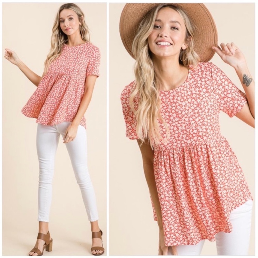 CLEARANCE Ditsy Coral Floral Short Sleeve Babydoll Top - Picture 1 of 5